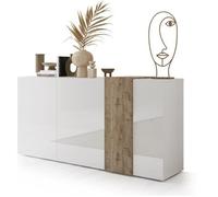 Buffet 3 Portes VENEZIA - Blanc laqué brillant et chêne Cadiz - L 181 x P 44 x H 84 cm