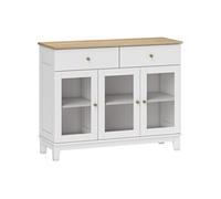 Buffet 3 portes vitrées nervurées 2 étagères 2 tiroirs poignées métal doré blanc effet bois clair
