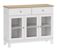 Buffet 3 portes vitrées nervurées 2 étagères 2 tiroirs poignées métal doré blanc effet bois clair Blanc G