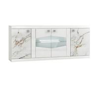 AltoBuy Buffet 4 Portes avec LEDs et Portes centrales vitrées laqué Blanc et Imitation marbre - ETOLIS