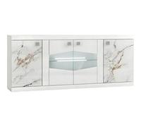 Buffet 4 portes avec leds et portes centrales vitrées laqué blanc et imitation marbre - ETOLIS
