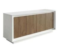 Buffet 4 portes blanc laqué façades aspect bois finition Mercure piètement socle - AZONTO -