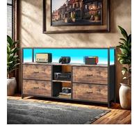 Buffet 4 tiroirs 3 etagères, Buffet bas avec LED, Buffet de salon, Meuble TV, Cadre en métal, Meuble de rangement, Brun