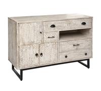 Buffet à 3 Portes et 4 Tiroirs en bois de manguier sculpté coloris beige - Longueur 115 x Profondeur 40 x Hauteur 81,5 cm