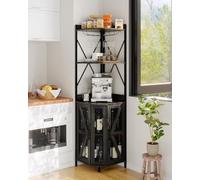 Buffet à vin d’angle industriel 5 niveaux, éclairage LED RGB, étagères ajustables, porte-verres - Rangement 12 bouteilles, métal et bois, pour salon, cuisine, salle à manger, couleur noir DE