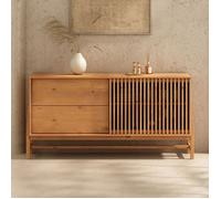 Buffet ADAMO L 145 cm en Bois Massif Couleur Chêne avec 1 Porte Coulissante, 2 Tiroirs, Design Chaleureux à Lamelles
