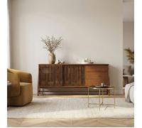 Buffet ADAMO L 175 cm en Bois Massif Couleur Châtaignier avec 2 Portes Coulissantes, 3 Tiroirs, Design Chaleureux à Lamelles