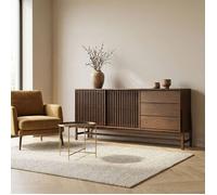 Buffet ADAMO L 175 cm en Bois Massif Couleur Noyer avec 2 Portes Coulissantes, 3 Tiroirs, Design Chaleureux à Lamelles