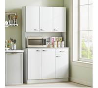 Buffet armoire de cuisine design contemporain multi-rangements 6 portes 1 tiroir + grand plateau blanc gris |