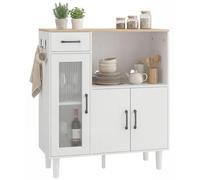 Buffet/Armoire de cuisine - Meuble de rangement - 1 tiroir - 2 compartiments fermés - 1 compartiment ouvert - Porte en acrylique structuré - Blanc/Chêne - 80 x 34 x 91 cm