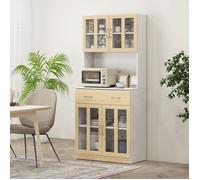 Buffet Armoire de Cuisine Multi-Rangement 4 Portes vitrine Verre avec étagère tiroir Coulissant Grand Plateau en Bois chêne Clair