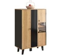 Buffet - Armoire vitrée - Porte en verre - Éclairage LED - Bois et panneaux de particules - Espace de rangement - Salon - Aspect bois