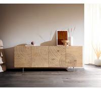 Buffet Ashara 200 cm, chêne naturel, effet 3D, 4 portes, pieds en angle, acier inoxydable brossé