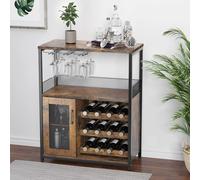 Buffet au design industriel - Buffet/cave à vin - Grand espace de rangement - Étagère amovible avec support pour verres - Porte grillagée - Bois - Marron