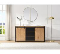Buffet avec 2 portes coulissantes et 3 tiroirs en MDF et métal noir - Naturel - BELINARO