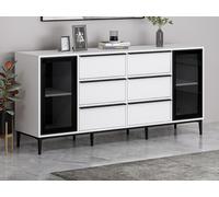 Buffet avec 2 portes en verre trempé et 6 tiroirs - Blanc et noir - MOLINIA