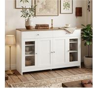 Buffet B120x37x80cm - Style Campagne Chic - 4 Portes 2 Tiroirs Rangement - En MDF Blanc et Plateau Bois Naturel