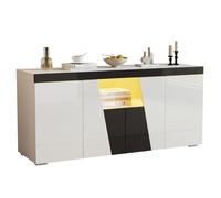 Buffet-Bahut 140x40x65cm,Salon,3 Placards 4 Portes,Rangement Grand Volume,Design Angulaire Noir & Blanc, Bande Lumineuse LED Moderne