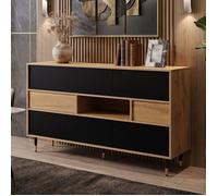 Buffet bahut 140x40x84.5cm grand rangement pour séjour | Enfilade moderne design soigné bicolore bois et noir | Style industriel