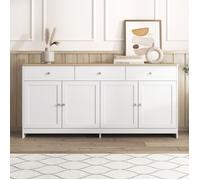 Buffet Bahut 160x37x75cm - Style Campagne Moderne avec 4 Portes et 3 Tiroirs - Plateau Effet Chêne et Corps Blanc