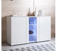 Buffet Bahut 3 portes 2 étagères vitrine LED | 120 x 72 x 40 cm | Couleur Blanc Finition Brillante | Rangement | LUKE A1