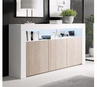 Buffet Bahut 3 portes LED | 155 x 91,5 x 37cm | Couleur Blanc brillant et Sonoma mat | Rangement | AKER
