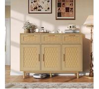 Buffet Bahut - 3 Tiroirs 3 Portes - 107.9 x 40 x 80 cm - Rotin Tressé - Style Scandinave - Rangement Salon Cuisine - en Chêne