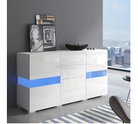 Buffet Bahut 4 portes 2 Tiroirs LED | 140x72x35 cm | Blanc Finition Brillante | Meuble Rangement Salon | Moderne Commode