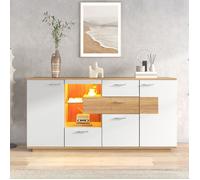 Buffet bahut - Armoire de salon moderne - Avec éclairage LED - 2 portes 4 tiroirs - ètagère en verre - Blanc - 160*40*77cm