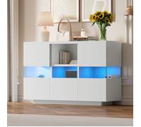 Buffet Bahut Blanc 140x35x75 cm Meuble de Salon Moderne avec Éclairage LED, 2 Tiroirs de Rangement, Vitrine en Verre - Minimaliste
