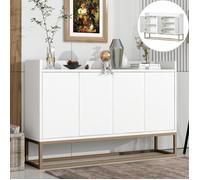 Buffet bahut, Buffet bas en bois, Buffet Moderne avec 3 étagère et 4 portes, Pieds en métal doré, 120x30x80cm, Blanc
