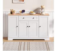 Buffet Bahut de Cuisine 4 Portes 1 Tiroir avec Rangement Porte Épices Intégré Style Chic - 138x40x85 cm - Bois MDF Blanc et Naturel