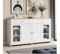 Buffet Bahut de Salon GlEEBI - 120 cm - 4 Portes et 2 Tiroirs - en Bois Blanc Veiné - une Porte Vitrée - la Salle à Manger
