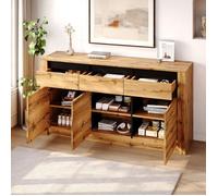 Buffet bahut effet vague 135x35x70cm panneau particules 3 tiroirs 9 rangements commode d'appoint salon moderne,Naturel