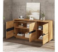 Buffet - Bahut Haut Brillant 3 Portes, Rangement Contemporain sans Poignées - Bois et Noir, 140x40x76 cm