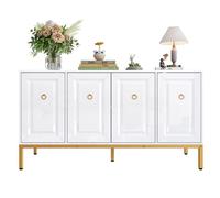 Buffet Bahut Laqué Blanc - 4 Portes avec Poignées Dorées et Pieds Métal Doré, Rangement MDF, 140×40×80 cm, Blanc+Or