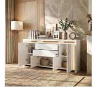 Buffet Bahut LED 160cm - Meuble de Rangement Façade Laquée - 4 Portes 2 Tiroirs - Système Push-to-Open - Design Moderne Salon Blanc