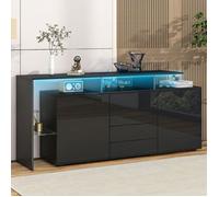Buffet Bahut Noir Laqué 160x35x70cm - Commode Éclairage LED - Meuble TV/Multifonction Salon Et Salle À Manger - Meuble BUFFET
