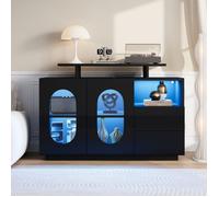 Buffet Bahut Noir LED 120x40x80cm, Portes Ovale Verre Façade Brillante, Design Moderne Rangement Pratique Vitrine/Minibar