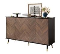 Buffet Bahut Noir Marron 140x40x80cm,structure MDF Pieds Métal,4 Portes Étagères Réglables,rangement Salon Entrée Et Salle À Manger