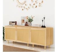 Buffet Bahut Vaisselier 3 portes en rotin, meuble de rangement modulable buffet rustique bois naturel salle à manger H63xL180xP40cm