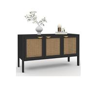 IDMarket - Buffet Bas 110 cm EDHEN 3 Portes Bois Noir et cannage