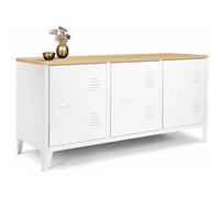 IDMARKET Buffet bas 113 cm ESTER 3 portes métal blanc plateau bois design industriel