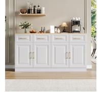 Buffet bas 140 cm, bar à café 4 tiroirs 4 portes de grange, style ferme moderne, bois blanc, pour cuisine, salle à manger, salon
