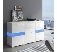 Buffet bas 140 x 35 x 72 cm, 2 portes, 4 tiroirs, LED 16 couleurs, USB, blanc brillant - UVRION