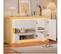 Buffet bas 140 x 40 x 84 cm à 3 portes avec LED télécommandée, 2 portes en verre trempé, blanc brillant