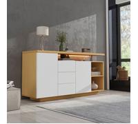 Buffet bas 140x40x80, multifonctionnel blanc et imitation bois 2 portes 3 tiroirs 2 étagères ouvertes éclairage LED Buffet salon