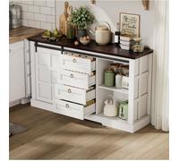 Buffet bas 150 x 40 x 85 cm blanc et aspect bois, 2 portes coulissantes, 4 tiroirs, style campagne vintage