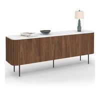 Buffet bas 160 cm MARLA 4 portes effet noyer et lattes et plateau marbre blanc A