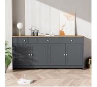Buffet bas 160 cm style campagne avec 3 tiroirs, 4 portes et étagères réglables, gris foncé et aspect bois